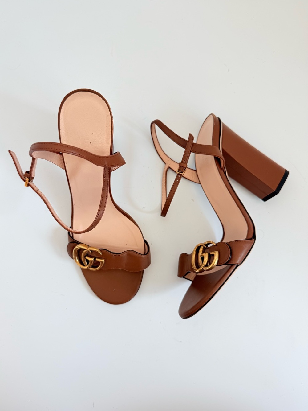 Gucci Marmont GG Brown Leather Block Heel Ankle Strap Sandals 39.5